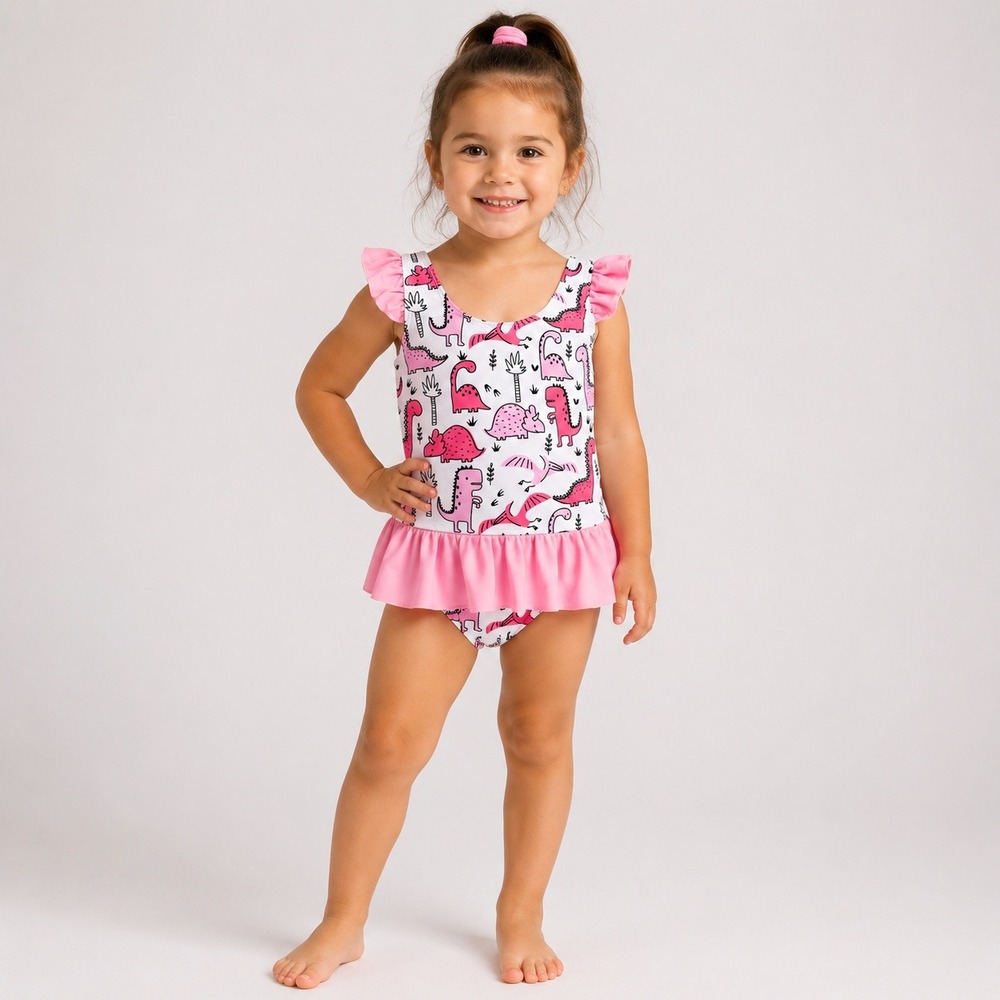 Unbranded Girls Pink Dinosaur Skirted One Piece Swimsuit 3T NWOT Ruffle